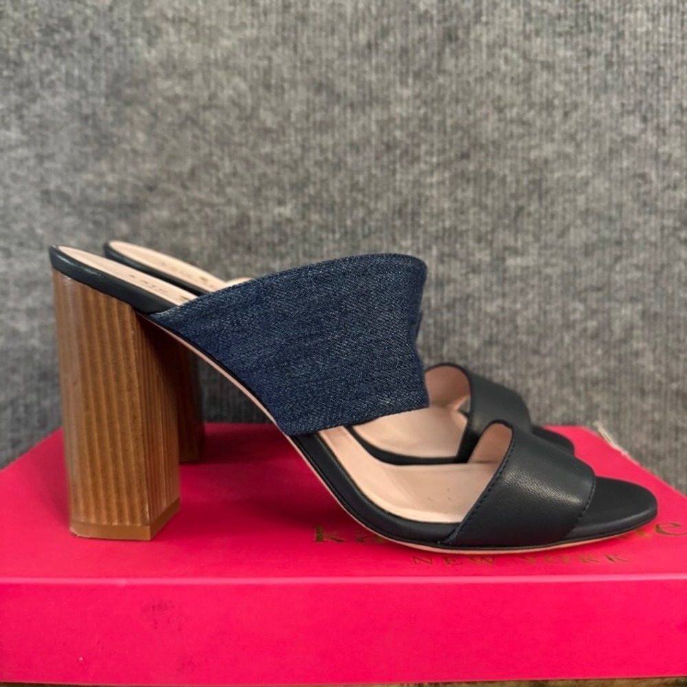NWB Kate Spade Navy Denim Leather Block Heel Slide Sandals Made in Italy 10B